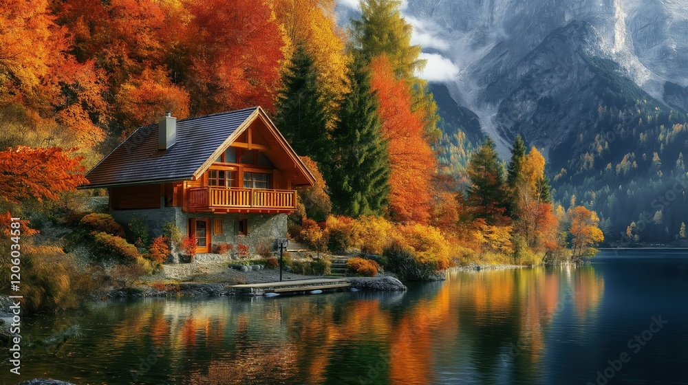 Autumn cabin by a serene lake surrounded by colorful trees and majestic mountains at sunset Autumn cabin by a serene lake surrounded by colorful trees and majestic mountains at sunset