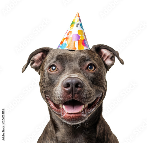 Happy dog celebrates birthday in festive party hat home environment fun pet joyful atmosphere close-up view isolated on transparent background