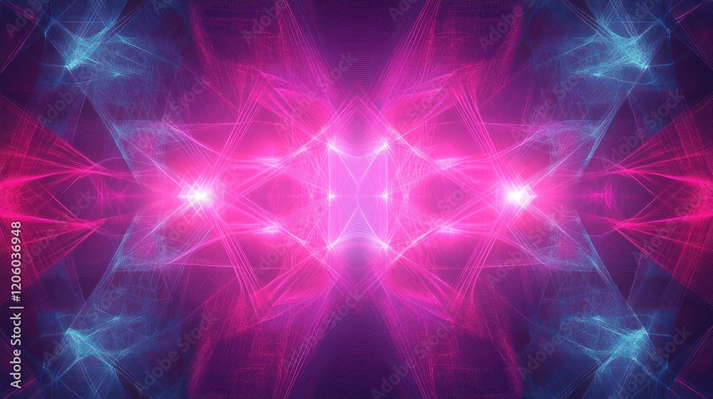 Futuristic glowing wireframe geometric pattern in vibrant pink and blue with a central light burst Futuristic glowing wireframe geometric pattern in vibrant pink and blue with a central light burst
