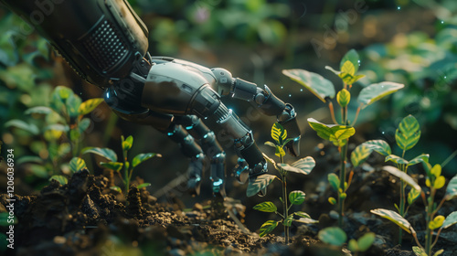 Mano de robot futurista cuidando de las plantas del jardín, huerto o bosque, visto de cerca. photo