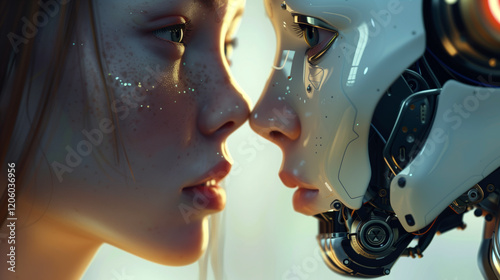 Una mujer joven cara a cara con un robot de inteligencia artificial femenino.