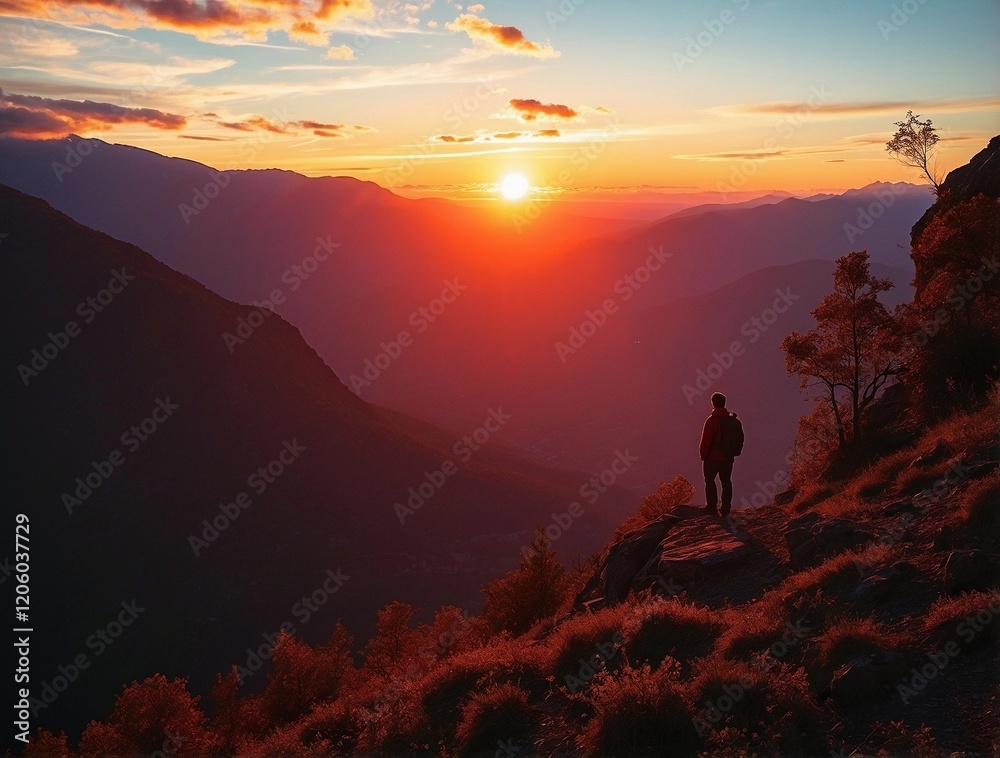 Fototapeta premium silhouette of a person on a mountain top at sunset