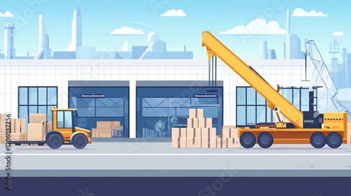 A cartoon-style industrial scene with forklifts and crates in a warehouse setting.
