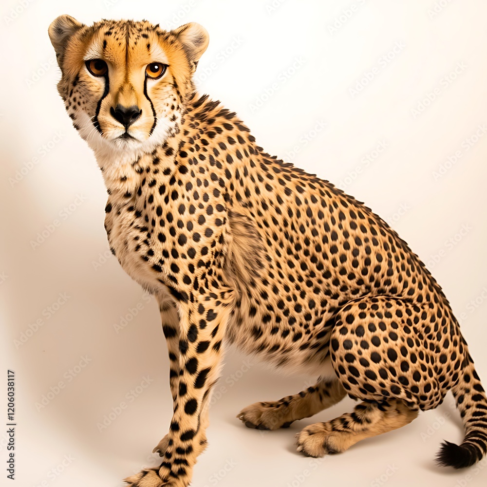 A cheetah in a poised, crouching stance, its muscles coiled and ready to leap, the clean white backdrop accentuating its focus A cheetah in a poised, crouching stance, its muscles coiled and ready to leap, the clean white backdrop accentuating its focus