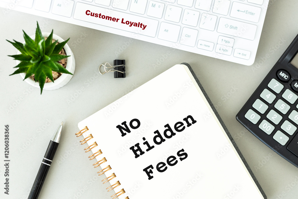 Avoid The Hidden Costs Of Hidden Charges. Conceptual words. Organizational and business motto.Computer keyboard with the words customer loyalty, notepad on a desk with the note no hidden fees,flat lay