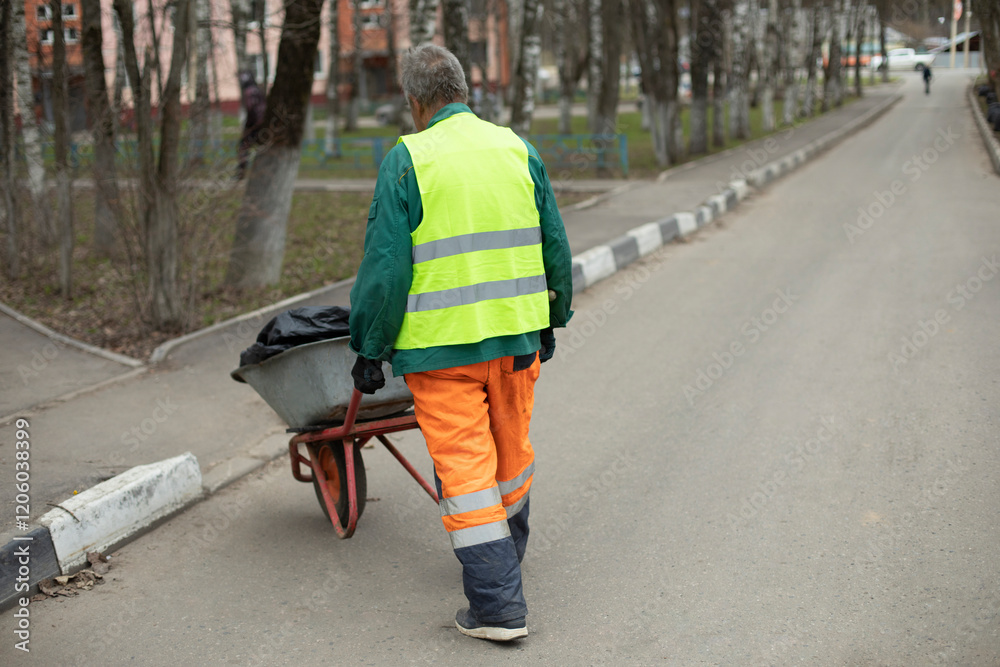 Worker carries cart. Man in bright clothes. Gardener takes out garbage.