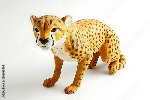 A cheetah with its body crouched low to the ground, poised for action, with a white backdrop highlighting its power and grace
