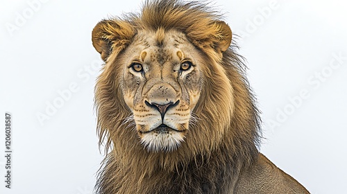 A close view of a majestic lion sitting calmly, its intense gaze and thick mane highlighted on a clean white background