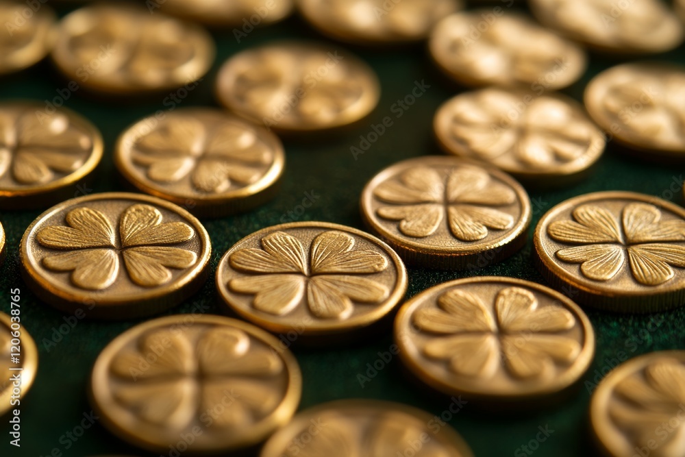 Golden coins with shamrocks close-up for st. patrick's day design Golden coins with shamrocks close-up for st. patrick's day design
