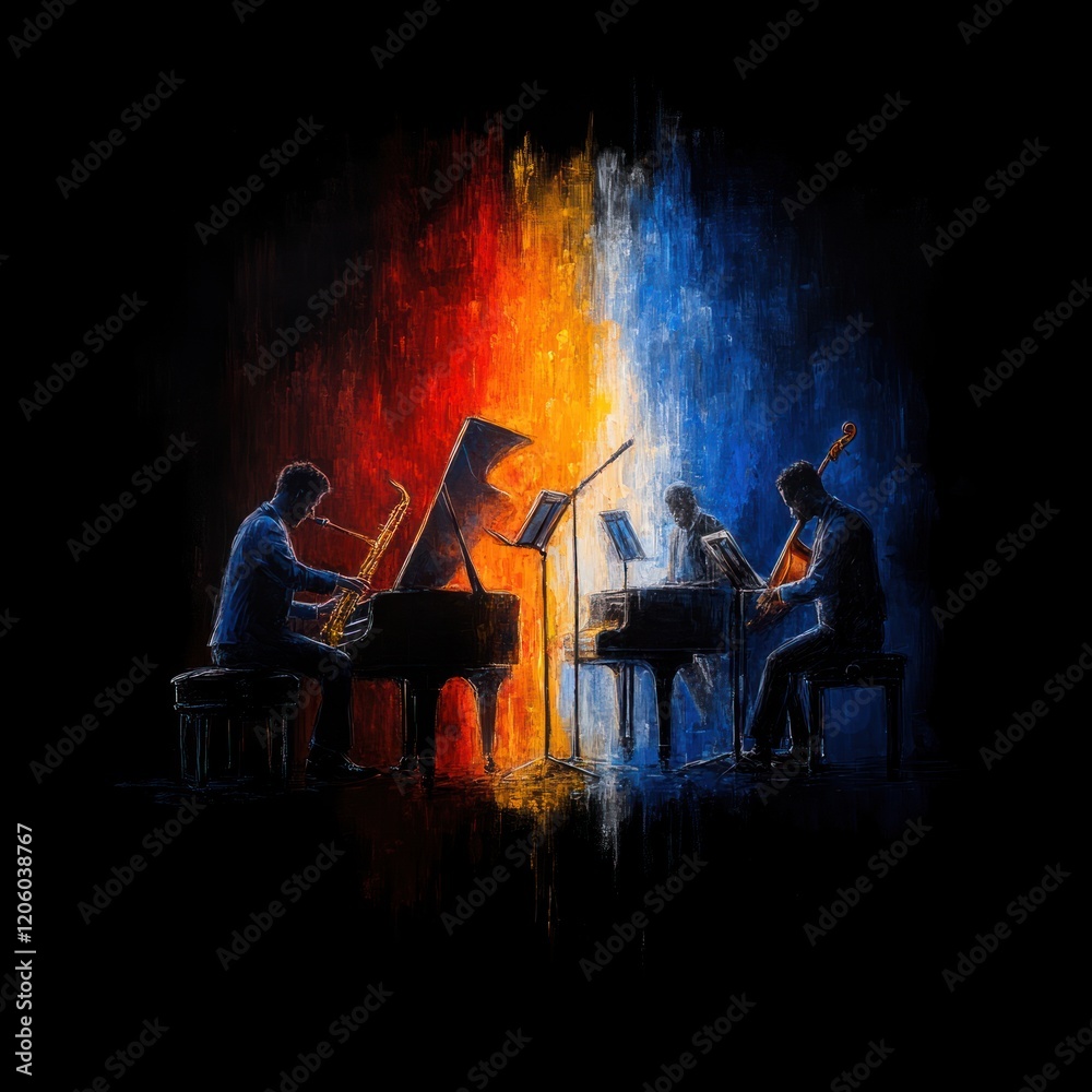 Fototapeta premium Abstract Jazz Music Festival Poster with Sax, Piano, Guitar & Musicians for Concerts, Parties & Flyers