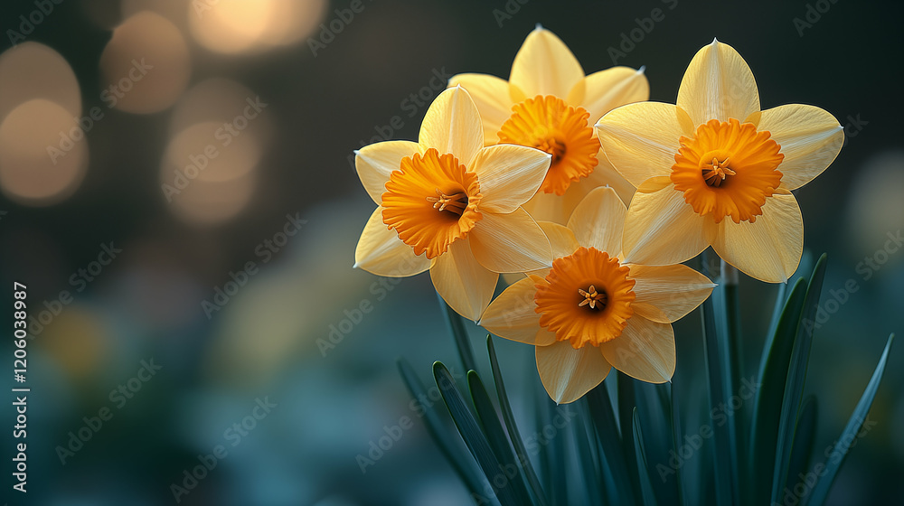 Fototapeta premium Yellow daffodils blooming with orange centers against blurred garden background. Spring flower arrangement with selective focus nature photography