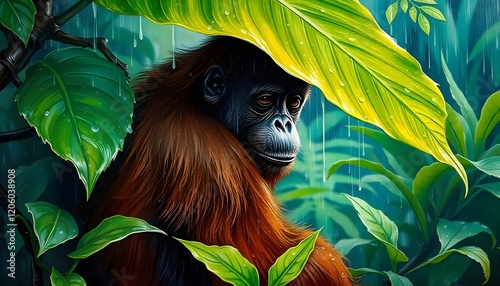 Orangutan in Rainforest Rain Digital Art Print photo