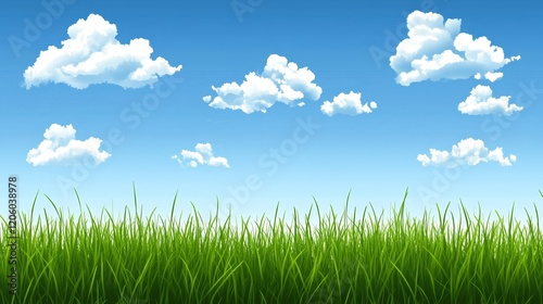 A bright blue sky with fluffy clouds above lush green grass.