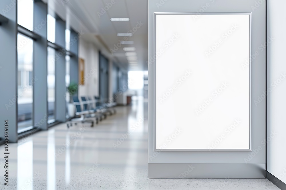 Mock-Up promotion poster displayed on the front of bright blur medical clinic, hospital interior background with defocused effect. Blank A4 white paper on abstract defocused luxury office corridor. Ad Mock-Up promotion poster displayed on the front of bright blur medical clinic, hospital interior background with defocused effect. Blank A4 white paper on abstract defocused luxury office corridor. Ad