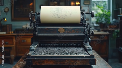 Antique Linotype Machine With Paper Roll Displaying Text