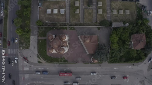 Top view zooming out of a church in the middle of Skopje