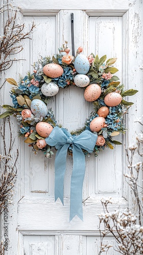 Easter egg wreath with pastel flowers and blue ribbon on white door.