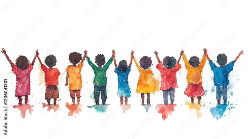 Multiracial Group Embracing Independence, Freedom & Wellness Against Racism: Watercolor Illustration of International Diversity Multiracial Group Embracing Independence, Freedom & Wellness Against Racism: Watercolor Illustration of International Diversity