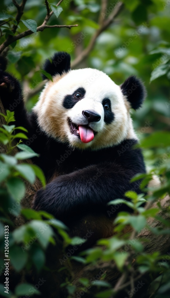 Playful Panda portrait in a dense green forest with its tongue out and mouth open Playful Panda portrait in a dense green forest with its tongue out and mouth open