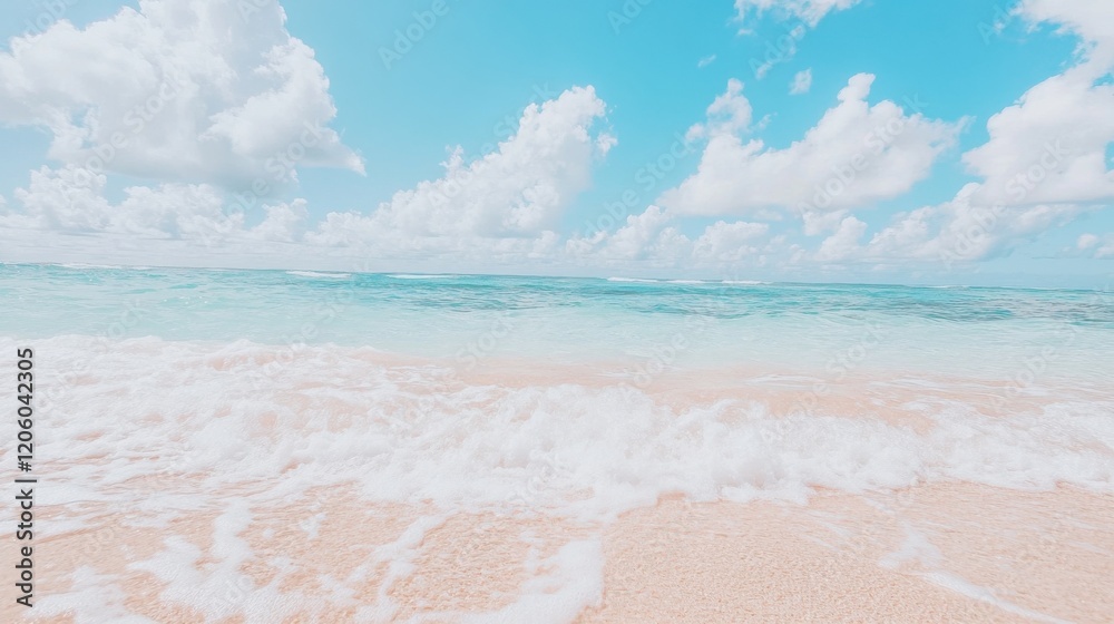 Waves Crashing on a Serene Beach Tropical Paradise Nature Calm Environment Wide-Angle View Tranquility of the Ocean Waves Crashing on a Serene Beach Tropical Paradise Nature Calm Environment Wide-Angle View Tranquility of the Ocean