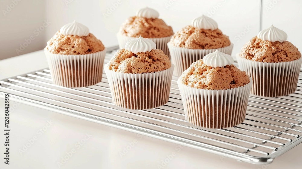 Freshly Baked Cupcakes on a Cooling Rack in Bright Kitchen Setting Freshly Baked Cupcakes on a Cooling Rack in Bright Kitchen Setting
