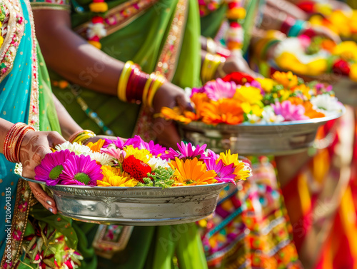 Wallpaper Mural Women who bring trays with bright and variety of flowers for holiday. Celebration of the Flower Festival in India with traditional decorations. Riot of colourful splendour. Torontodigital.ca