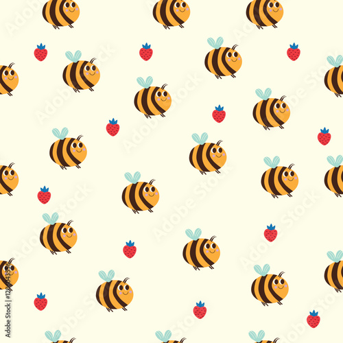 A seamless pattern of happy bees with wings, strawberries, and blueberries on a light yellow background. The bees have a cheerful expression and are illustrated in a bright yellow and black striped s