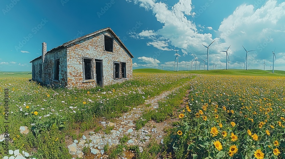 Obraz premium A rustic stone house surrounded by vibrant flowers and wind turbines under a blue sky.
