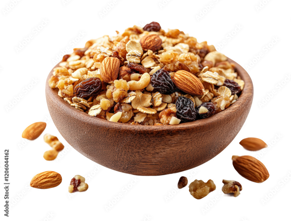 Healthy oatmeal with nuts and raisins food bright environment top-down viewpoint nutrition concept isolated on transparent background Healthy oatmeal with nuts and raisins food bright environment top-down viewpoint nutrition concept isolated on transparent background
