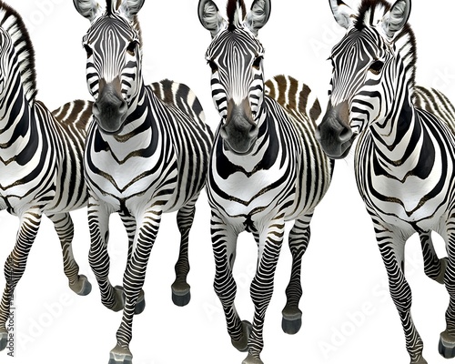 A herd of zebras in motion, their striped patterns clearly visible as they walk across the pure white background, creating a dynamic yet peaceful image photo