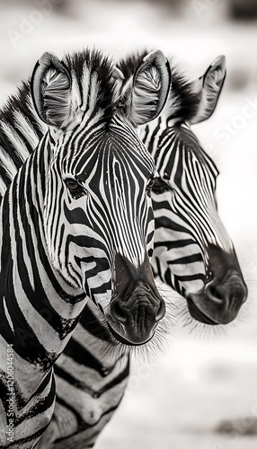 A herd of zebras strolling side by side, their elegant striped coats standing out sharply against a pristine white backdrop, emphasizing their beauty photo