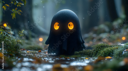 A Playful Ghost Wandering Through a Dark and Enchanted Forest photo