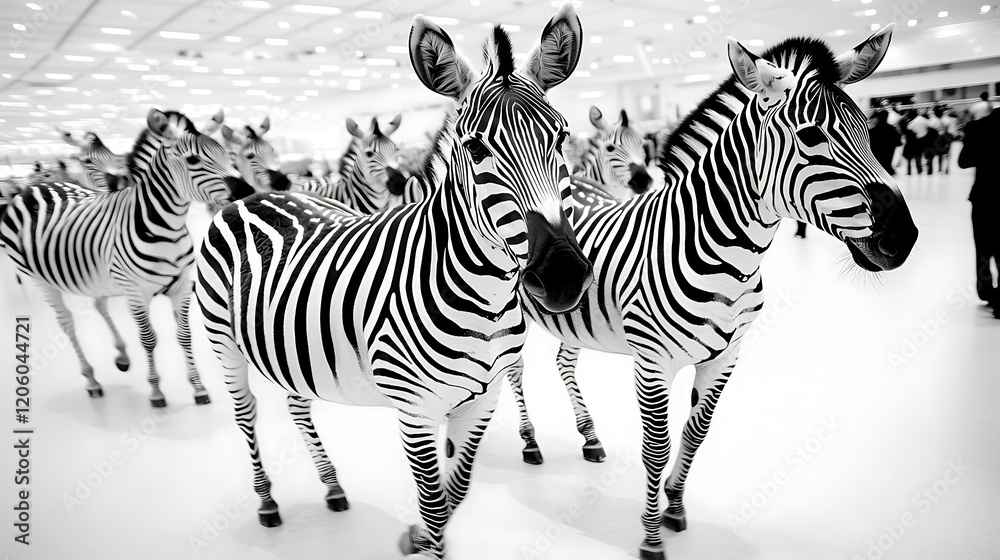 Fototapeta premium A herd of zebras walking together in unison, their black-and-white stripes contrasting with the clean white backdrop, creating a harmonious and graceful scene