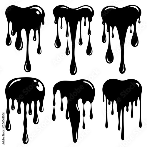 Current drops silhouette. Inks, paint, liquid, oil, molten circles set. Vector illustration 