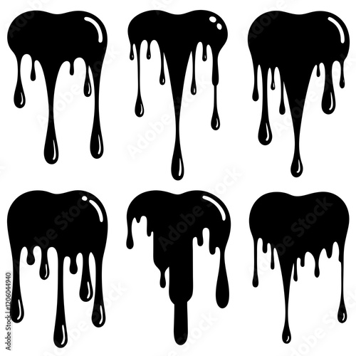 Current drops silhouette. Inks, paint, liquid, oil, molten circles set. Vector illustration 