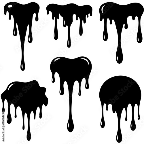 Current drops silhouette. Inks, paint, liquid, oil, molten circles set. Vector illustration 