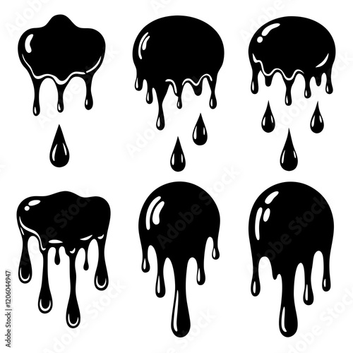 Current drops silhouette. Inks, paint, liquid, oil, molten circles set. Vector illustration 