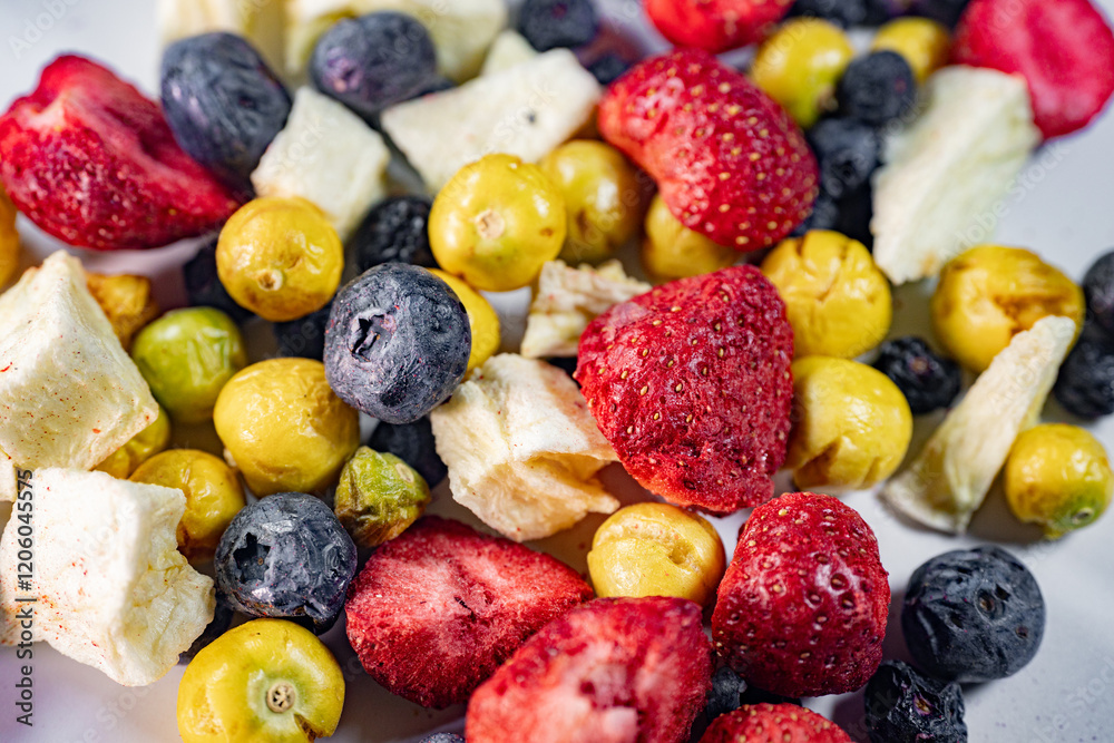 A vibrant close-up of freeze-dried plums, apples, rhubarb, strawberries, and blueberries. The variety of textures and colors highlights their natural and preserved state. A vibrant close-up of freeze-dried plums, apples, rhubarb, strawberries, and blueberries. The variety of textures and colors highlights their natural and preserved state.