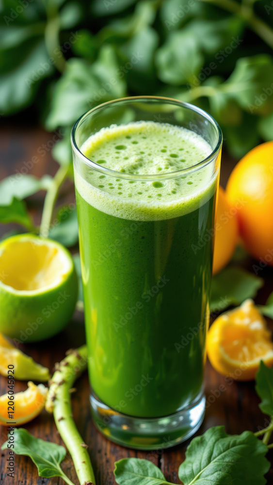 Fresh green juice with fruits on wooden table for healthy lifestyle concept.