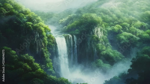 A powerful waterfall surrounded by vibrant jungle greenery.