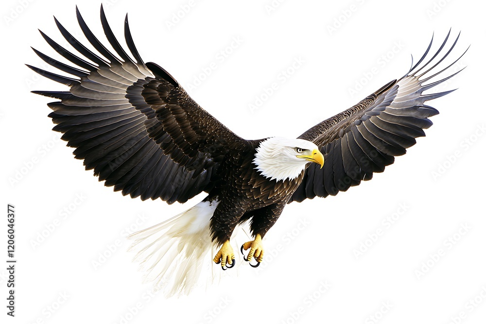 Obraz premium A majestic eagle with its wings fully extended, each feather sharp and powerful, with the pure white background adding emphasis to the bird's grandeur