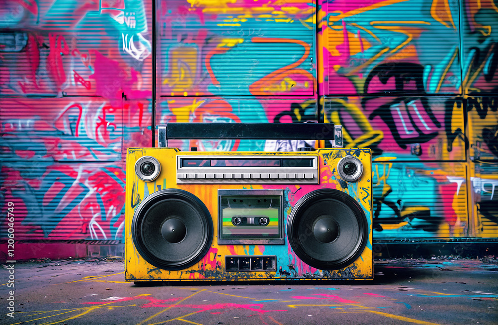 Fototapeta premium Retro old design ghetto blaster boombox radio cassette tape recorder from 1980s in a grungy graffiti covered room.music blaster 