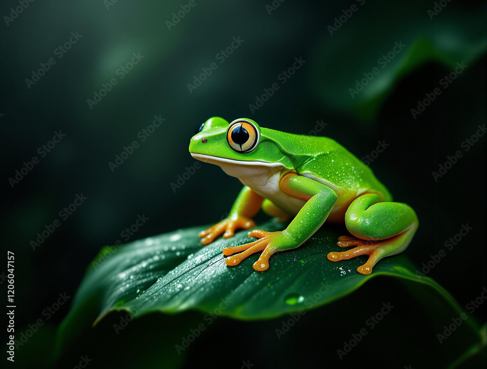 a vibrant green frog perched on a leaf. The frog has a glossy appearance and is surrounded by a dark, forest-like background. a vibrant green frog perched on a leaf. The frog has a glossy appearance and is surrounded by a dark, forest-like background.