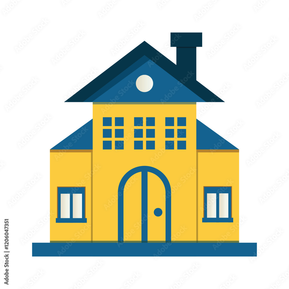 A colorful and symmetrical cartoon house with yellow walls, a teal façade, and a blue roof, ideal for children’s books and playful designs. Clipart flat house vector illustration. A colorful and symmetrical cartoon house with yellow walls, a teal façade, and a blue roof, ideal for children’s books and playful designs. Clipart flat house vector illustration.