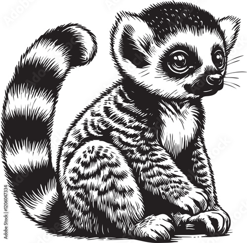 black and white drawing of a lemur, suitable for laser engraving and printing on various souvenirs