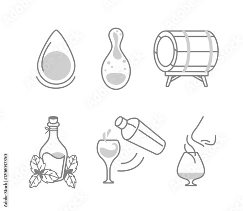 Set of alcoholic beverage production process icons, water drop, yeast cell, distillation and barrel aging, herbal infusion, mixing in cocktail, tasting in line style.