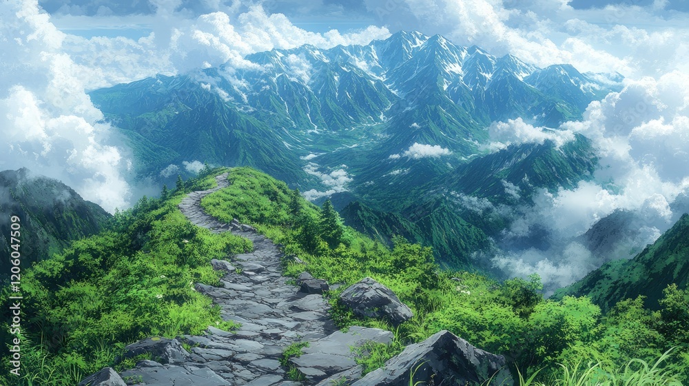 Obraz premium A scenic mountain landscape with a winding stone path, lush greenery, and dramatic clouds.