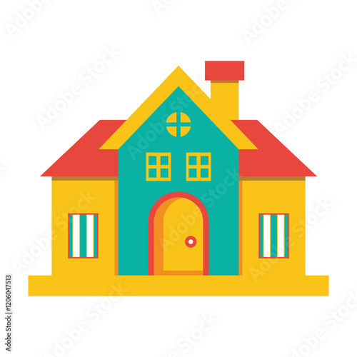 A colorful and symmetrical cartoon house with yellow walls, a teal façade, and a red roof, ideal for children’s books and playful designs. Clipart flat house vector illustration.  