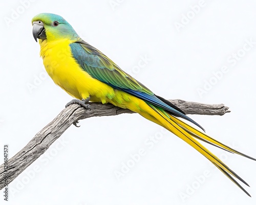 A parrot with strikingly colorful plumage sitting calmly on a branch, its beak slightly open, highlighted against the white background