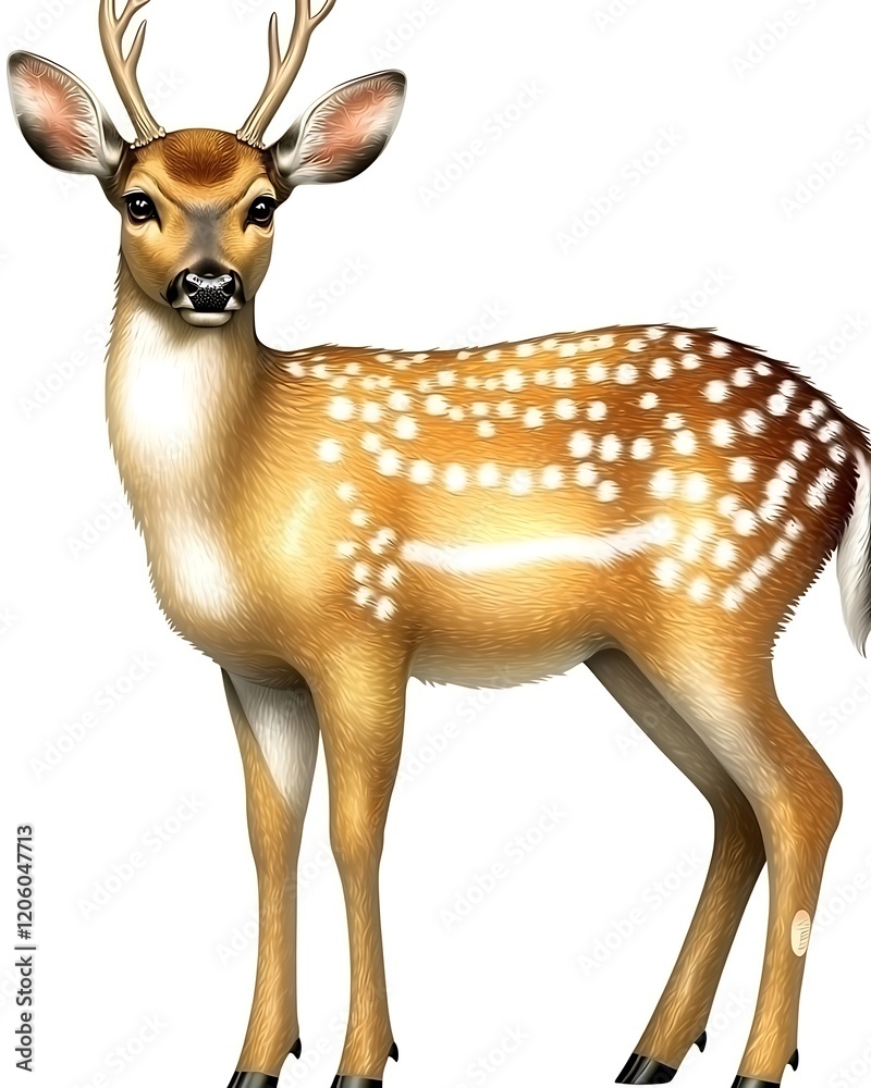 A peaceful deer standing quietly with its antlers proudly displayed, its calm presence emphasized against the white background